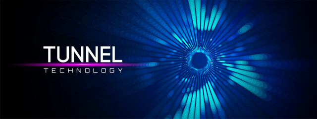 Background tunnel abstract with quantum portal and science binary for funnel black or connect future illustration. Blue speed art and particle gravity with lattice network and perspective flow design.