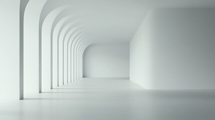 Modern architecture corridor with repeating arches, minimalist design showcasing clean lines and a neutral color palette for a serene and spacious feel. Interior perspective.