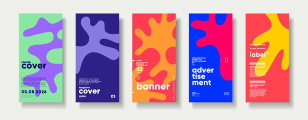A vibrant collection of abstract poster designs featuring bold colors and organic shapes. Each poster showcases unique layouts suitable for courses, magazines, banners, advertisements, and labels.