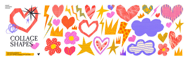 Collage scrapbook stickers with crayon drawn doodles and patterns. Colorful heart, flower, lightning and crown scrapbook shapes. Cutout funky shapes for collage valentine design and Y2K aesthetics.