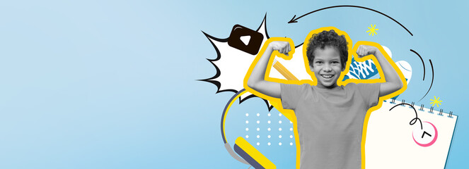 Bright and colorful collage showcases a smiling child flexing muscles against a light blue background. Dynamic graphic elements add energy and joy to the scene, creating a playful atmosphere.