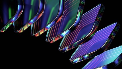 Abstract iridescent glass blocks on a black background, 3d render