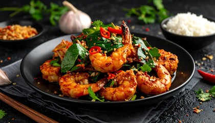 Spicy shrimp stir-fry with spinach, served on black plate