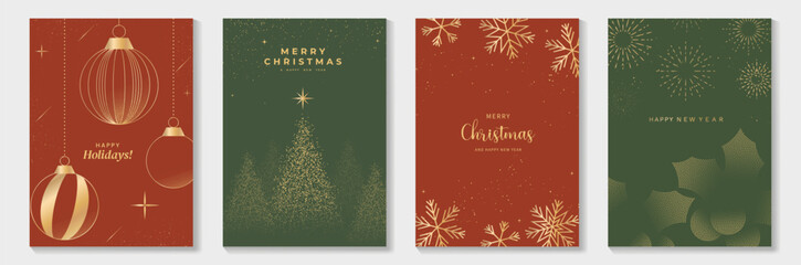 Luxury Christmas Greeting Card Vector Set with Golden Line Pine Tree, Holly Leaves, and Ornaments in Red and Green Background for Invitations, Posters, Wall Art, Social Media, Packaging.