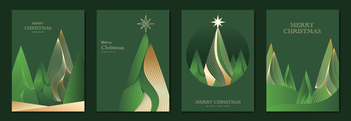 Golden Pine Tree Christmas Greeting Card Vector Set in Green Background for Invitations, Posters, Wall Art, Social Media, Packaging, and Holiday Decorations