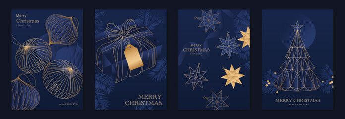 Modern Luxury Christmas Greeting Card Vector Set in Blue and Gold with Ornaments, Gift Box, Stars, and Geometric Pine Tree for Invitations, Posters, Wall Art, Social Media, Packaging, and Holiday Deco