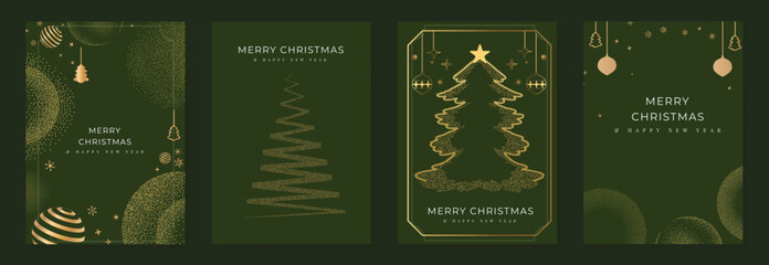 Elegant Merry Christmas and Happy New Year greeting card vector set with gold line art decorations, green background, holiday frames for celebration 