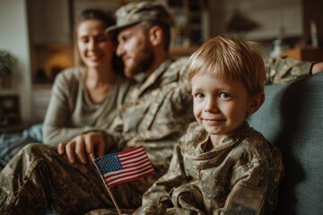 Joyful child with U S flag beside parents in military attire on sofa at home