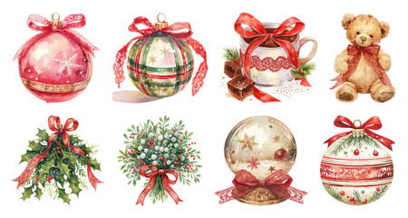 PNG Festive ornaments and holiday decorations, element set on transparent background