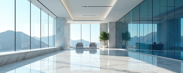 Bright contemporary office space features marble floor. Light reflects in modern interior. Plant decorates spacious area with armchairs, glass walls overlooking landscape. Luxury hall in building