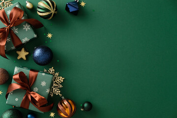 Christmas composition with wrapped gifts, baubles, golden star and snowflake on dark green background. Ideal for Christmas card, invitation