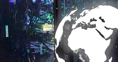 Globe highlighting Europe and Africa in data center, with server rack and LED lights, copy space