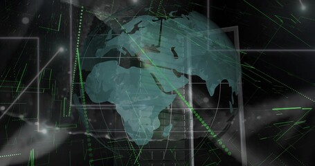 Floating translucent globe highlighting Africa Europe Asia in data center, with server racks