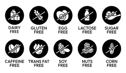 Set allergen free icons set. Allergen free products. Products warning symbols. Lactose, gluten, sugar free, corn, egg, trans fat, soy, nuts free, caffeine sign.