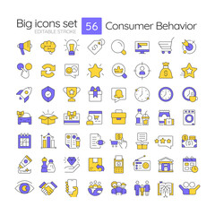 Consumer behavior line color icons set. Time management, target audience. Customer experience. Accounting, banking. Vector illustrations. Simple flat colorful symbols collection. Editable stroke