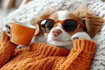Relaxed dog in orange sunglasses and cozy knit sweater holding coffee cup while lying on soft blanket, creating humorous morning mood scene.
