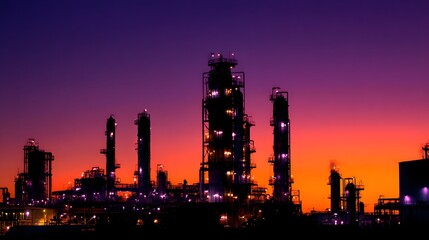 Industrial complex silhouettes glow against a vibrant twilight sky.