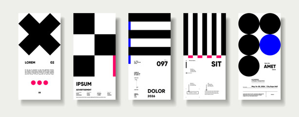 A collection of minimalist posters with geometric backgrounds and clean typography. The versatile vector patterns are perfect for posters,labels, and backgrounds with excellent text legibility.