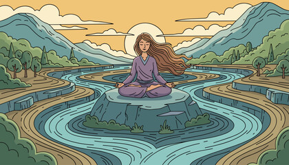 Serene woman in purple meditating peacefully on a rock in the middle of a flowing river, surrounded by lush green trees and majestic mountains under a warm, cloudy sunset sky, symbolizing inner peace