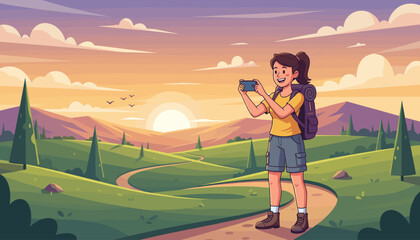 A young female tourist with a backpack joyfully captures a breathtaking sunset landscape with her smartphone, standing on a winding path amidst rolling green hills and evergreen trees, under a