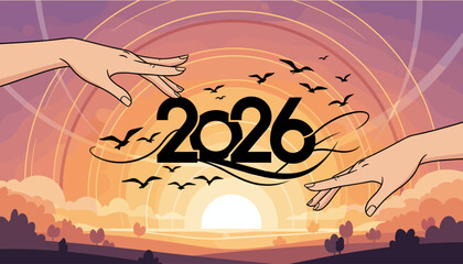 Two graceful female hands reaching towards the number 2026, symbolizing the arrival of the New Year, set against a vibrant sunset with silhouetted birds flying and stylized trees in the foreground