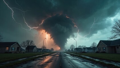 Massive tornado touches down on residential street during severe thunderstorm. Destructive cyclone funnel cloud with lightning strikes over houses in suburb. Powerful vortex swirls in dark ominous