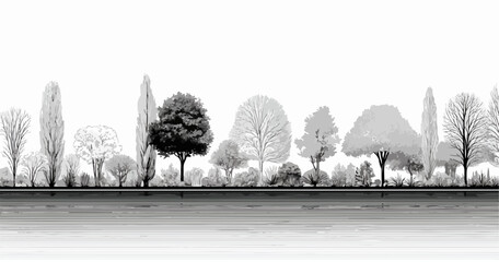 Różnorodne drzewa liściaste i iglaste tworzą malowniczy krajobraz parkowy na tle białej przestrzeni.