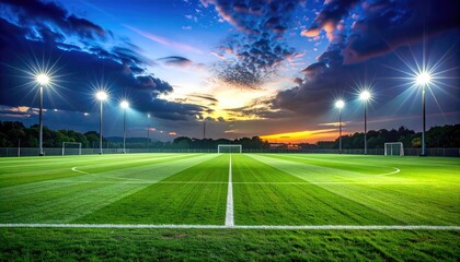 Vibrant Football Field Under Dramatic Sunset Sky Illuminated by Bright Stadium Lights