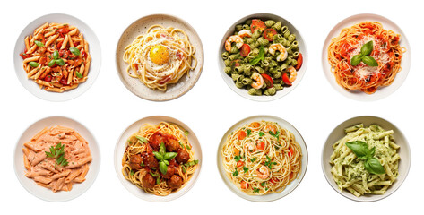 PNG Assorted pasta dishes in bowls, element set on transparent background