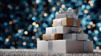 Stack of gift boxes with silver ribbons and bows on top. the boxes are arranged in a pyramid-like shape and are stacked on top of each other.
