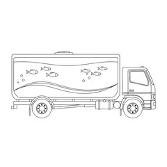 Live fish transport truck vector — aquarium water tank vehicle, marine animal logistics, line art style, minimal vector illustration.