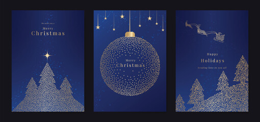 Christmas and Happy Holidays card vector set. Luxury gold victorian frame, leaves branch, flower, star, snowflake on navy blue background. Design illustration for poster, cover, invitation, ads. 