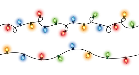 Vector set of realistic glowing colorful hanging christmas lights in seamless pattern on white background