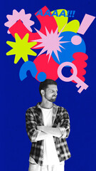 Bold colorful poster. Man with colorful explosion of thoughts above head symbolizing cognitive overload. Concept of frustration, mental noise, emotional regulation for stress management, and therapy.