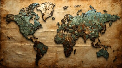 A world map illustration in an ancient mosaic style, representing global travel, history, cartography, and exploration.