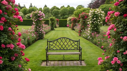 A tranquil rose garden with a bench in the foreground, inviting visitors to relax and enjoy the beauty of nature in a serene setting