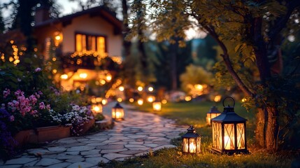 Outdoor stone pathway illuminated by charming lanterns and string lights, leading to a cozy home, creating a warm and inviting garden ambiance at dusk