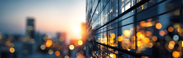 Modern skyscraper facade with bokeh lights reflecting at sunset