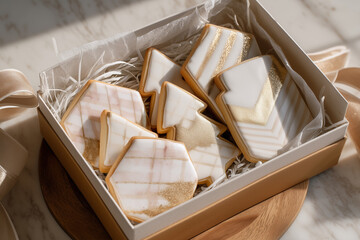 Delikatne pierniki w odcieniach bieli i pudrowego różu – eleganckie, artystyczne wypieki zapakowane w prezentowe pudełko