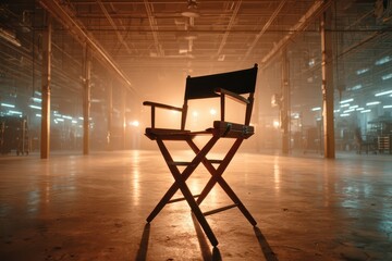 Director's chair in a dramatic, empty film studio with warm and cool lighting