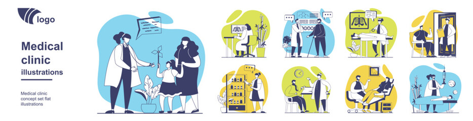 Medical clinic concept set for web design. Collection with people visits pediatrician and other doctors, consultations with x-ray, diagnostics and treatment, get vaccination. Vector illustration.