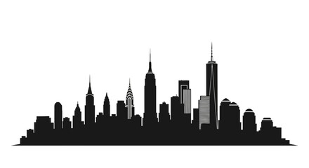 Black and white silhouette of the New York City skyline highlighting iconic buildings and structures