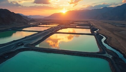 Aerial view of mineral mining evaporation ponds. Industrial landscape with brine pools reflects sunset light. Eco tech for lithium extraction in desert mountains. Critical raw material for electric