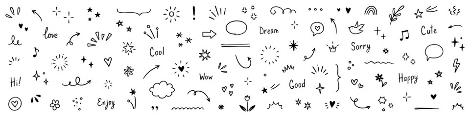 Line arrow, star, heart cute icon elements. Hand drawn sketch heart, arrow, star, flower decoration symbols. Simple sketch line style emphasis, attention, graphic elements. Vector illustration