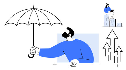 Man holding an umbrella as a protection metaphor, growth arrows symbolizing success, and a woman seated on bars working on a laptop. Ideal for business, safety, financial stability, support, growth