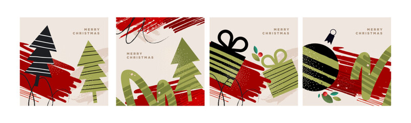 Merry Christmas and Happy New Year. Modern abstract vector illustrations for holiday greeting card, website and social media banner, marketing material.