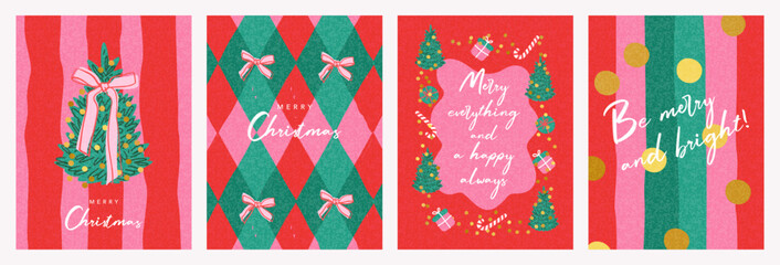Merry Christmas and Happy New Year greeting card, banner, poster, cover templates. Modern bright Xmas design with beautiful doodle elements, Christmas tree, gifts, candy canes, golden confetti, bows.