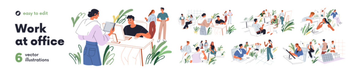 Office work life set. Employees, daily routine in corporate professional environment. Happy young colleagues communication in modern workplace. Flat vector illustration isolated on white background.