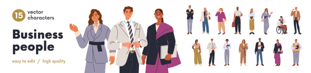 Diverse business people set. Men and women employees, office workers, entrepreneurs. Businessmen, businesswomen standing portraits. Flat graphic vector illustrations isolated on white background.