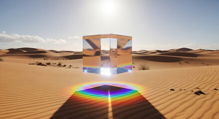 Mysterious desert archway reflecting sunlight in a surreal landscape scene
